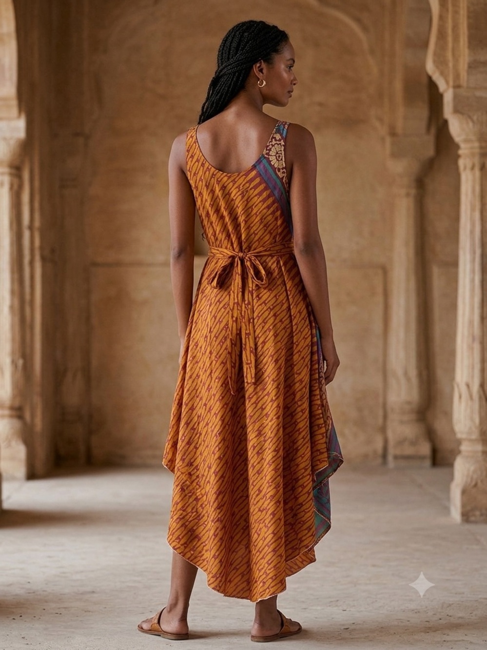Bohemian Multicolor Sleeveless Double Layer Shift Dress with belt - Picture 2 of 3